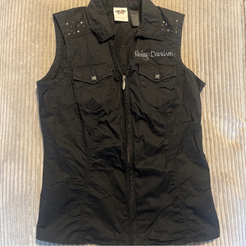 Harley Davidson Women’s Black Biker  Casual Cotton Vest Size M Cute Form Fit - Picture 14 of 14